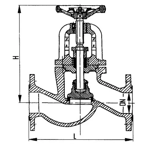 Фланцевый проходной сальниковый судовой запорный клапан с ручным управлением 521-01.187 